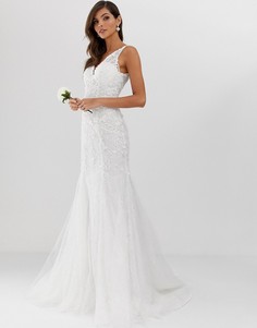 Свадебное сетчатое платье с вышивкой, кружевом и юбкой годе ASOS EDITION - Белый