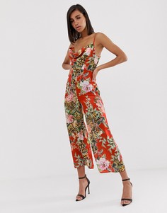 Атласный комбинезон со свободным воротом и цветочным принтом ASOS DESIGN - Мульти