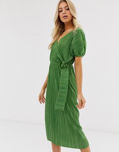 Плиссированное чайное платье миди с пряжкой ASOS DESIGN - Зеленый