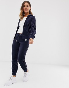 Черные велюровые спортивные брюки с манжетами и вышитым логотипом Juicy Couture - Синий
