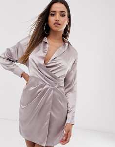 Атласное платье мини с запахом Missguided - Розовый