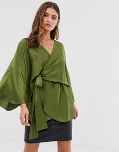 Атласный топ с поясом и рукавами кимоно ASOS DESIGN - Зеленый