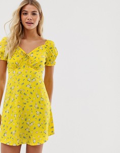 Платье мини с пышными рукавами и цветочным принтом Influence - Желтый