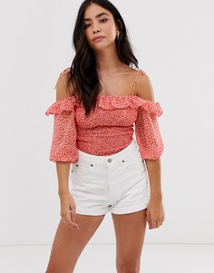 Топ с открытыми плечами, сборками и цветочным принтом New Look - Красный