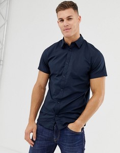 Темно-синяя облегающая рубашка с короткими рукавами Jack & Jones - Темно-синий