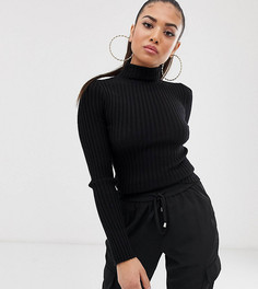 Трикотажный джемпер в мелкий рубчик с отворачивающимся воротом ASOS DESIGN Petite - Черный
