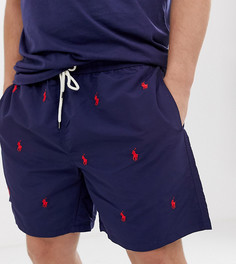 Темно-синие шорты для плавания со сплошным принтом логотипа Polo Ralph Lauren Big & Tall Traveler - Темно-синий