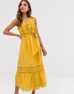 Желтое платье миди с вышивкой ришелье и завязкой Esprit - Желтый