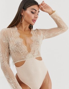 Трикотажное боди с кружевом и длинными рукавами ASOS DESIGN - Cleotha - Розовый