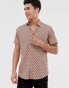 Розовая приталенная рубашка с принтом птиц и короткими рукавами Jack & Jones Premium - Розовый