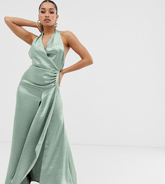 Платье макси с завязкой на шее и драпировкой ASOS DESIGN Petite - Зеленый