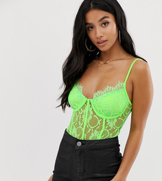 Неоново-зеленое кружевное боди на тонких бретельках Missguided Petite - Зеленый