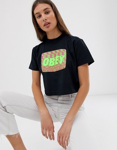 Свободная укороченная футболка с неоновым логотипом на груди Obey - Черный