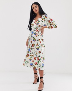 Платье миди с цветочным принтом и присборенной вставкой ASOS DESIGN - Мульти