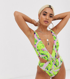 Слитный купальник с лиственным принтом и завязкой на талии ASOS DESIGN petite - Мульти