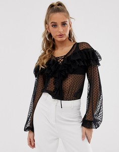 Боди из сетчатой ткани добби со шнуровкой и оборками ASOS DESIGN - Черный