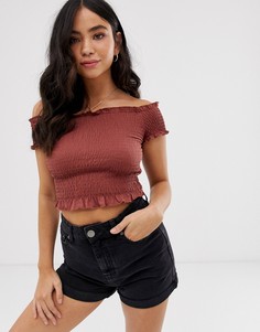 Топ рыжего цвета со спущенными плечами и сборками New Look - Оранжевый