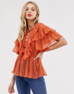 Топ с оборками на рукавах и шнуровкой ASOS DESIGN - Оранжевый