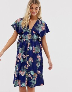 Платье миди на пуговицах с тропическим цветочным принтом Influence - Темно-синий