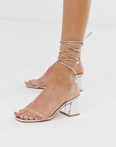 Босоножки серебристого цвета с эффектом металлик на среднем каблуке и с завязкой на щиколотке Public Desire - Tomorrow - Серебряный