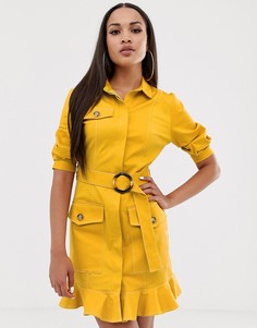 Желтое платье-рубашка с поясом и оборкой по нижнему краю River Island - Желтый