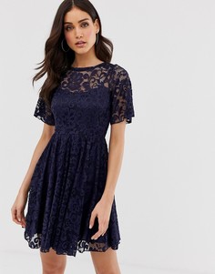 Короткое приталенное платье с кружевом Closet - Темно-синий