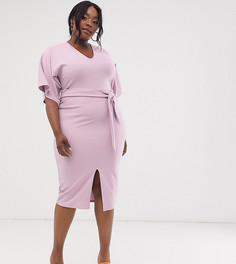 Сиреневое платье миди с поясом на талии PrettyLittleThing Plus - Фиолетовый