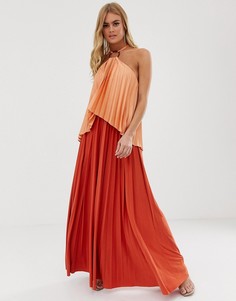 Атласное плиссированное блестящее платье макси с кроп-топом и кольцом ASOS DESIGN - Оранжевый