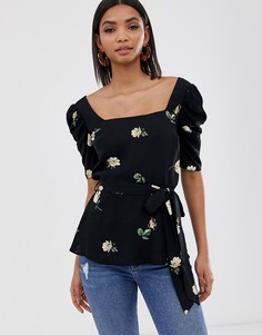 Топ с объемными рукавами и цветочным принтом River Island - Черный