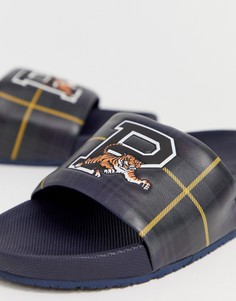 Темно-синие шлепанцы с узором тартан и логотипом Polo Ralph Lauren - Темно-синий