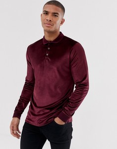 Темно-бордовый велюровый лонгслив-поло ASOS DESIGN - Красный