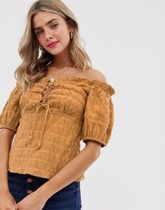Фактурный хлопковый топ с открытыми плечами и шнуровкой ASOS DESIGN - Черный