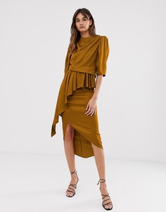 Асимметричное платье со сборками и высоким воротом ASOS WHITE - Коричневый