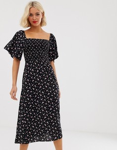 Черное платье миди со сборками и мелким цветочным принтом New Look - Черный