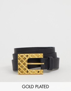 Кожаный ремень с позолоченной пряжкой из 18-каратного золота Retro Luxe - Черный