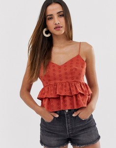 Укороченный летний топ на бретельках с оборками и вышивкой ришелье ASOS DESIGN - Оранжевый