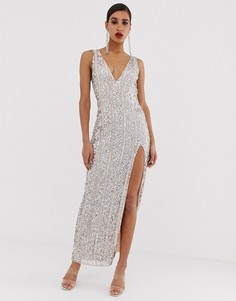 Серебристое платье макси с разрезом сбоку Missguided Peace and Love - Серебряный