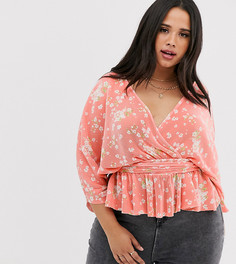Плиссированный топ с цветочным принтом, запахом и поясом ASOS DESIGN Curve - Мульти