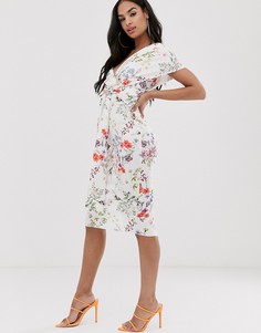 Платье-футляр миди со спущенными плечами, поясом и цветочным принтом ASOS DESIGN - Мульти