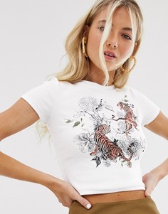 Белая футболка с изображением тигров Bershka - Белый