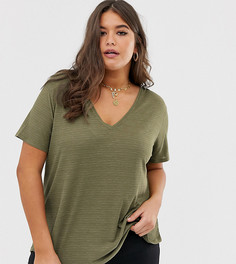 Меланжевая удлиненная футболка цвета хаки в рубчик ASOS DESIGN Curve - Зеленый