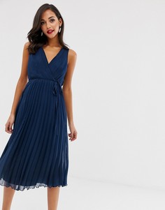 Платье миди с поясом и плиссированной юбкой ASOS DESIGN - Темно-синий
