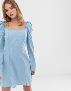 Голубое джинсовое платье мини с вырезом в стиле девушка-молочница ASOS DESIGN - Синий