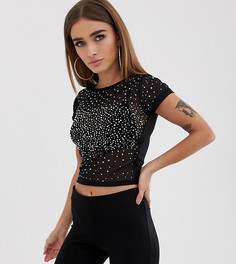 Сетчатый топ с короткими рукавами и стразами ASOS DESIGN Petite - Черный