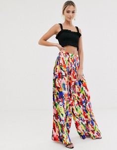 Широкие плиссированные брюки с абстрактным цветочным принтом Liquorish - Мульти