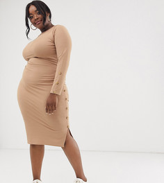 Бежевое платье миди в рубчик с черепаховыми пуговицами PrettyLittleThing Plus - Бежевый
