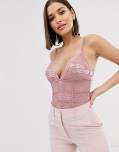 Розовое боди из кружева и сетки Missguided - Черный