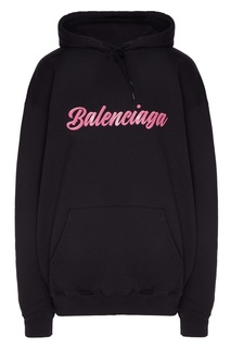 Черное худи с розовым логотипом Balenciaga