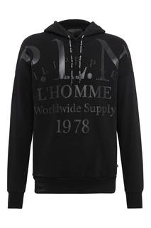 Черное худи с надписями в тон изделия Philipp Plein