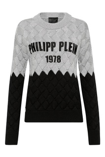 Двухцветный вязаный свитер с надписью Philipp Plein